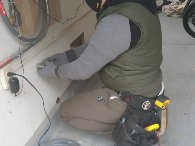 Electrician performing outlet wiring in a Patchogue garage
